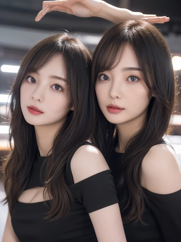 ((Best Quality, 8K, Masterpiece: 1.3)), Focus: 1.2, (Cinema Filter: 1.3) Perfect Body Beauty: 1.4, Buttocks: 1.2, (Layered Haircut: 1.2)), , (Stand up: 1.3), Realistic Face and Skin Texture, Full Body, Fine Eyes, Double Eyelids, Long Hair, (Round Face: 1.5), (Black Top: 1.6), Cleavage, Medium Chest