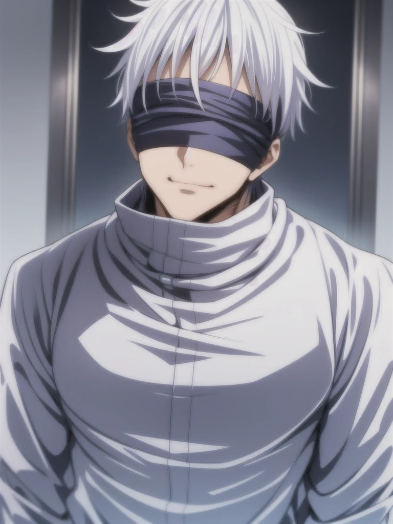 1boy, Saturated Gojo walking, white hair goosebumps, blue eyes, wearing a black blindfold, nice environment, super detailed, high quality,big breasts, cleavage 