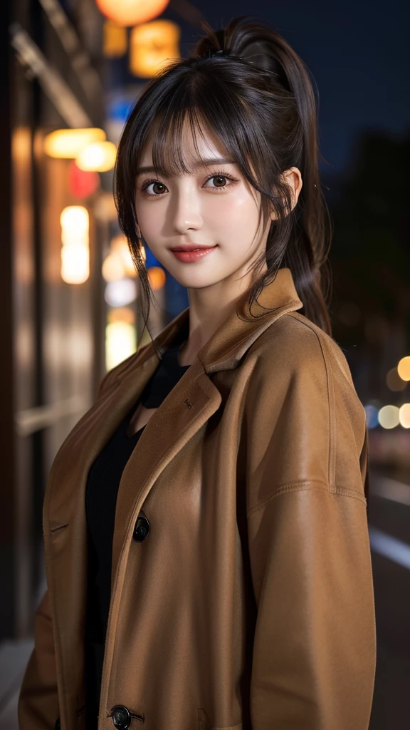 1 Japanese girl,(Brown chester coat:1.4), (shirt:1.3), (RAW Photos, Highest quality), (Realistic, Photorealistic:1.4), Tabletop, (My hair is messy, Asymmetrical bangs, Black Hair,ponytail:1.4)、Very delicate and beautiful, Very detailed, 8k wallpaper, wonderful, In detail, Very detailedなCG Unity, High resolution, Soft Light, Beautiful and detailed 19 year old girl, Very detailedな目と顔, Beautifully detailed nose, Beautiful fine details,Cinema Lighting,City lights at night,Perfect Anatomy,Slender body、Large Breasts、,smile