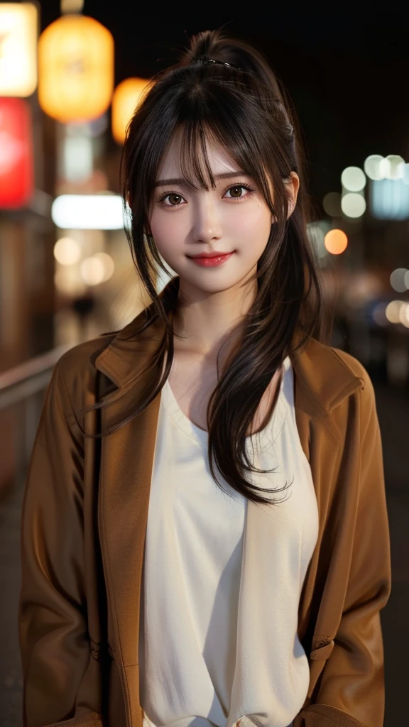 1 Japanese girl,(Brown chester coat:1.4), (shirt:1.3), (RAW Photos, Highest quality), (Realistic, Photorealistic:1.4), Tabletop, (My hair is messy, Asymmetrical bangs, Black Hair,ponytail:1.4)、Very delicate and beautiful, Very detailed, 8k wallpaper, wonderful, In detail, Very detailedなCG Unity, High resolution, Soft Light, Beautiful and detailed 19 year old girl, Very detailedな目と顔, Beautifully detailed nose, Beautiful fine details,Cinema Lighting,City lights at night,Perfect Anatomy,Slender body、Large Breasts、,smile