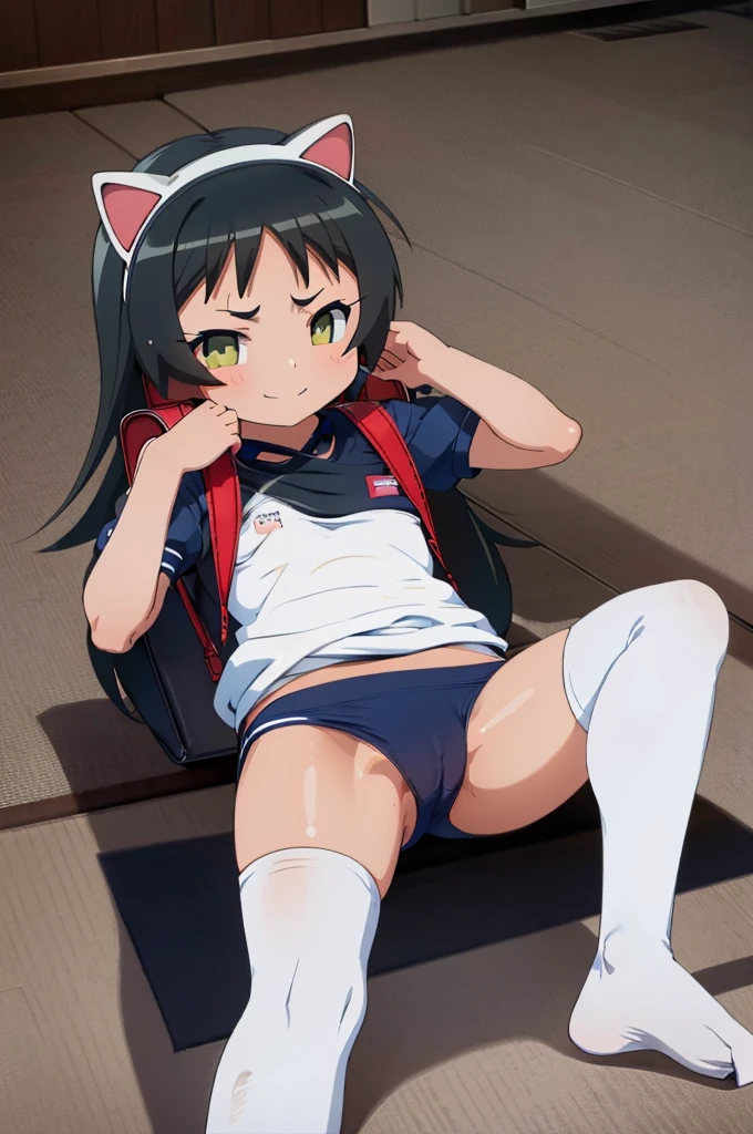 masterpiece, ultra quality, ultra sharp, ultra detailed, 1girl, solo, good anatomy, haduki kurumi, (tattered torn dripping wet white gym shirt), navy gym pants, animal ears, randoseru, name tag, Japanese anime pose, laugh, BurumaShorts, Buruma, Gym Uniform, (((lying:1.4, spread_legs, legspread, cameltoe, split_legs)), (randoseru backpack:1.4), (smirk smile), buruma, blue buruma, black buruma, (tattered torn short sleeve white gym uniform with colored hem), (tiny nipples), (white long loose socks), strong lighting, legspread, bukkake, cum on clothes, cum on legs, cum on buruma, cum on bloomers,