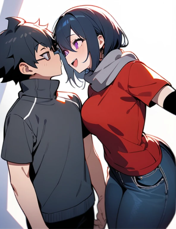 1 girl and 1 boy The girl: (masterpiece), best quality, expressive eyes, perfect hybrid succubus girl face, long cyan and blue hair, magenta eyes, glasses, happy, t-shirt similar to a black sports top, red thigh-high stockings, tail demon, golden necklace with a black stone, blue jean shorts, big and perfect breasts, thick thighs, perfect ass. The Boy: (masterpiece), best quality, high quality, 1 age hybrid demon boy, male focus, dark blue hair, purple eyes, gray scarf, red sweatshirt with black sleeves, black pants, black and white sneakers. They are both kissing