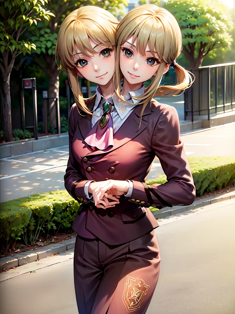  (2heads:1.6), (masterpiece, best quality:1.2), cowboy shot, solo, male focus, 1boy, (ushiromiya lion:1.1), androgynous, smile, closed mouth, looking at viewer, arms at side, ponytail, formal, suit, ascot, light blonde hair, walking through park