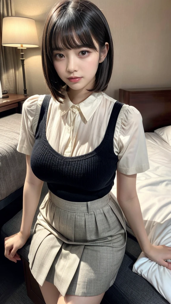 Masterpiece, highest quality, figure, Very detailed, Fine details, High resolution, 8k,wallpaper, Perfect dynamic composition,(Detailed high quality, Realistic depiction of eyes:1.3), (Collared knit shirt:1.1), Pleated skirt, Short Bob Hair、Black hair color, Big Natural Color Lip, Bold sexy pose, Crying a little、Harajuku Style、Acrobatic pose, 20-year-old girl、Cute type、ta、Beautiful feet, Hotel Rooms, Idol Sculpture, Voluptuous thighs, Huge breasts