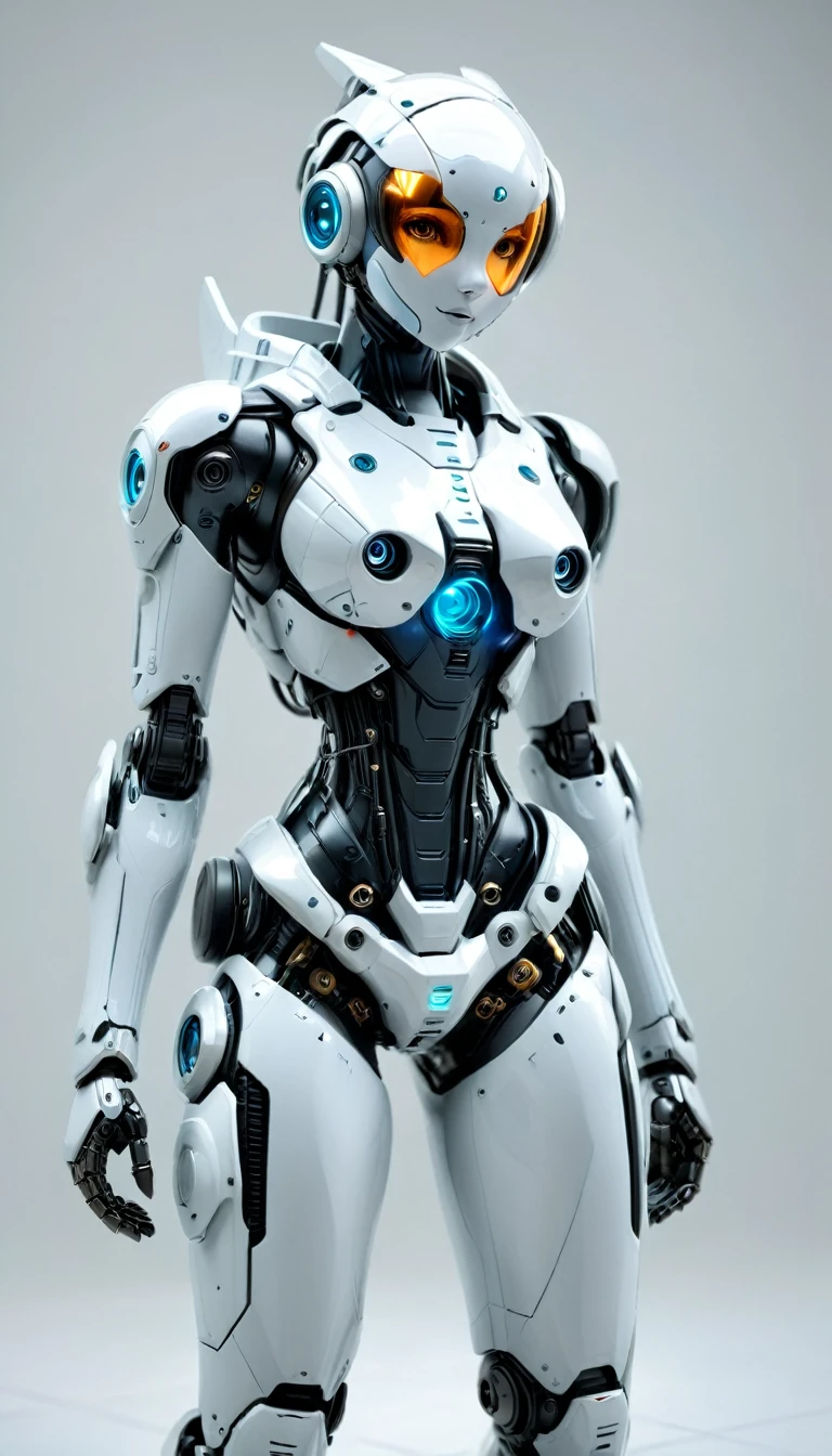 A cute small A.I robot, in a pose to invite someone in, body position facing the camera. full body appearance, plain white background, realistic, futuristic