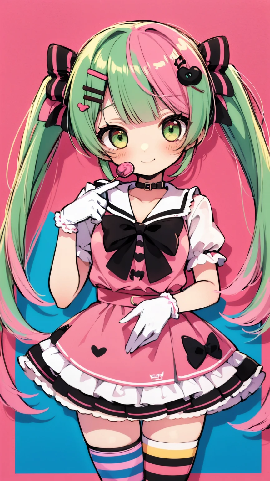 solo, 1girl, grace, gloves, candy striped, striped, striped legwear, bangs, Rustic Red short skirt, bow, blush, thighhighs, green eyes, smile, pink hair, two-tone hair, candy shop,highres,High detailed ,Colorful