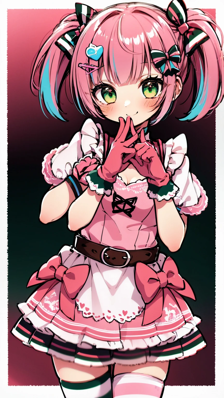 solo, 1girl, grace, gloves, candy striped, striped, striped legwear, bangs, Rustic Red short skirt, bow, blush, thighhighs, green eyes, smile, pink hair, two-tone hair, candy shop,highres,High detailed ,Colorful