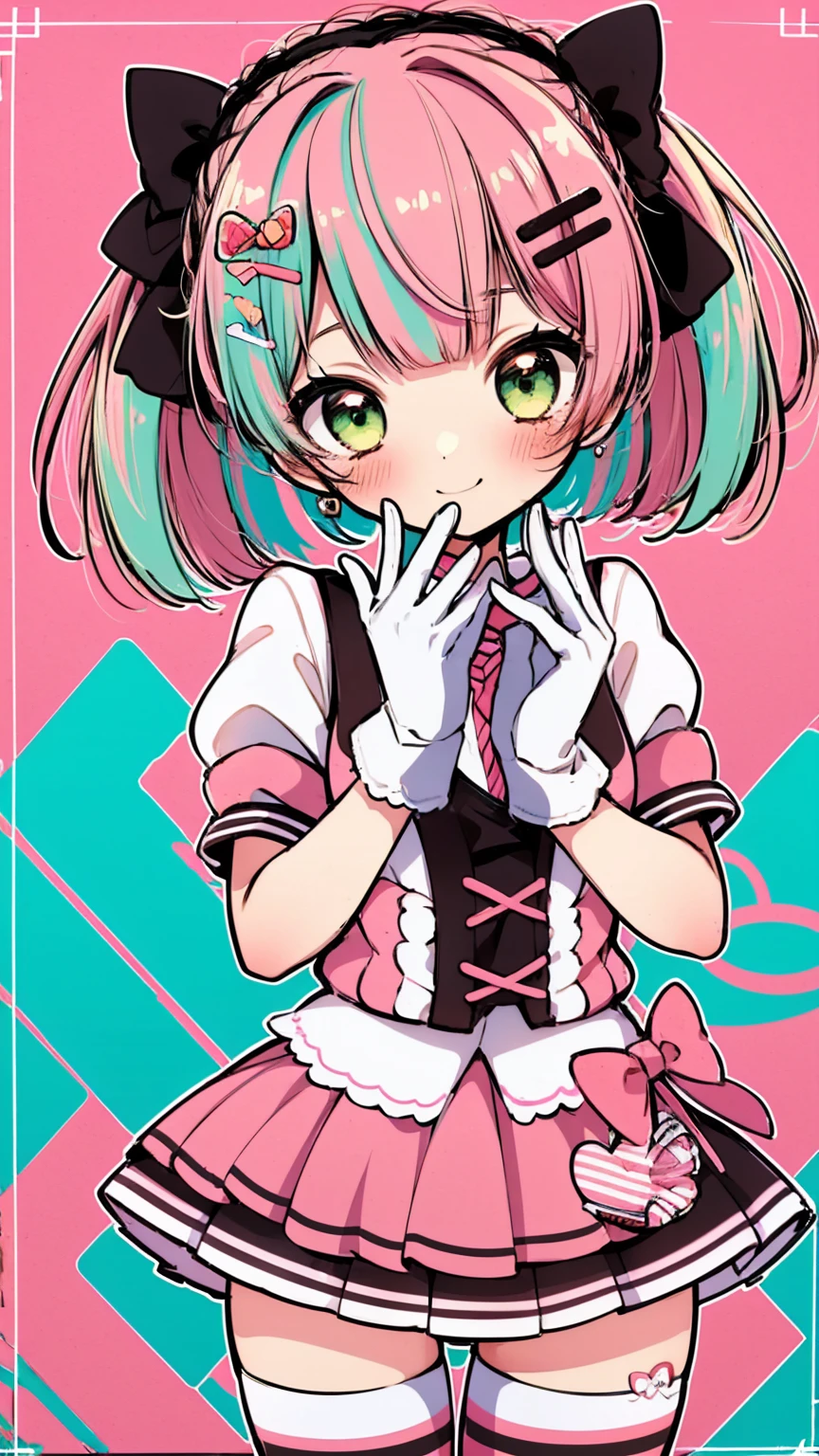 solo, 1girl, grace, gloves, candy striped, striped, striped legwear, bangs, Rustic Red short skirt, bow, blush, thighhighs, green eyes, smile, pink hair, two-tone hair, candy shop,highres,High detailed ,Colorful