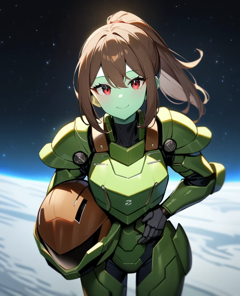 1girl, Makoto Kino,solo,red eyes,((BROWN hair:1.5)),green power armor,ponytail,((pale green skin)),green chest armor,cowboy shot,in space ship,zero gravity,Science fiction,ultra-detailed,sharp focus,aesthetic,(best quality) smiling, holding helmet 