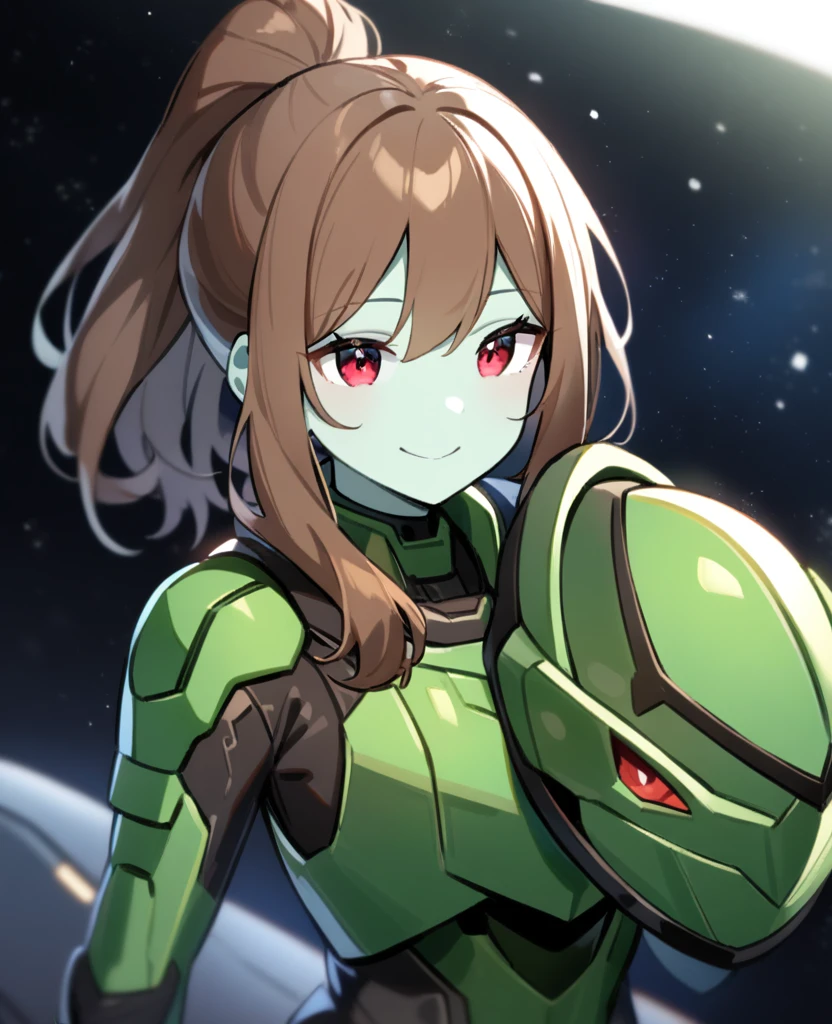 1girl, Makoto Kino,solo,red eyes,((BROWN hair:1.5)),green power armor,ponytail,((pale green skin)),green chest armor,cowboy shot,in space ship,zero gravity,Science fiction,ultra-detailed,sharp focus,aesthetic,(best quality) smiling, holding helmet