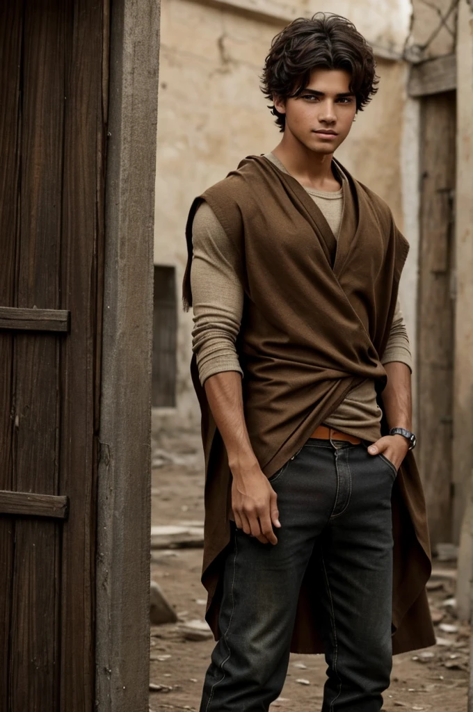 Un joven que tiene el pelo corto, brown and messy, tiene ojos verdes, he has good muscles... y tiene dientes afilados.
El tiene vendas en los antebrazos, wears a fine brown cloth poncho... tiene pantalones de tela negros y usa botas negras.
Estilo anime.