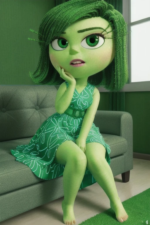 anatomically correct, masterpiece, best high quality, RAW Photo, perfect anatomy, 4k, quality lighting, detailed hands, detailed feet, detailed eyes, solo, female character, green dress, mini skirt, green hair, green skin, thick thighs, wide hips, medium breasts, bedroom, sitting on sofa, open legs, white panties, 