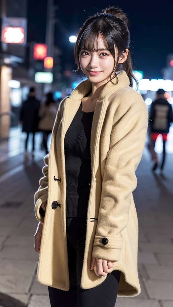 One Girl,(Spring Coat:1.4), (one piece:1.4),(RAW Photos, Highest quality), (Realistic, Realistic:1.4), (Full Body Shot:1.3), Very delicate and beautiful, Very detailed, 8k wallpaper, wonderful, In detail, Very detailedなCG Unity, High resolution,Very clear, Soft Light, 美しくIn detail描かれた19歳の少女, Very detailedな目と顔, Beautiful and detailed nose, Beautiful details,Cinema Lighting,City lights at night,Perfect Anatomy,Slender body,smile (My hair is messy, Asymmetrical bangs, Black Hair,ponytail)