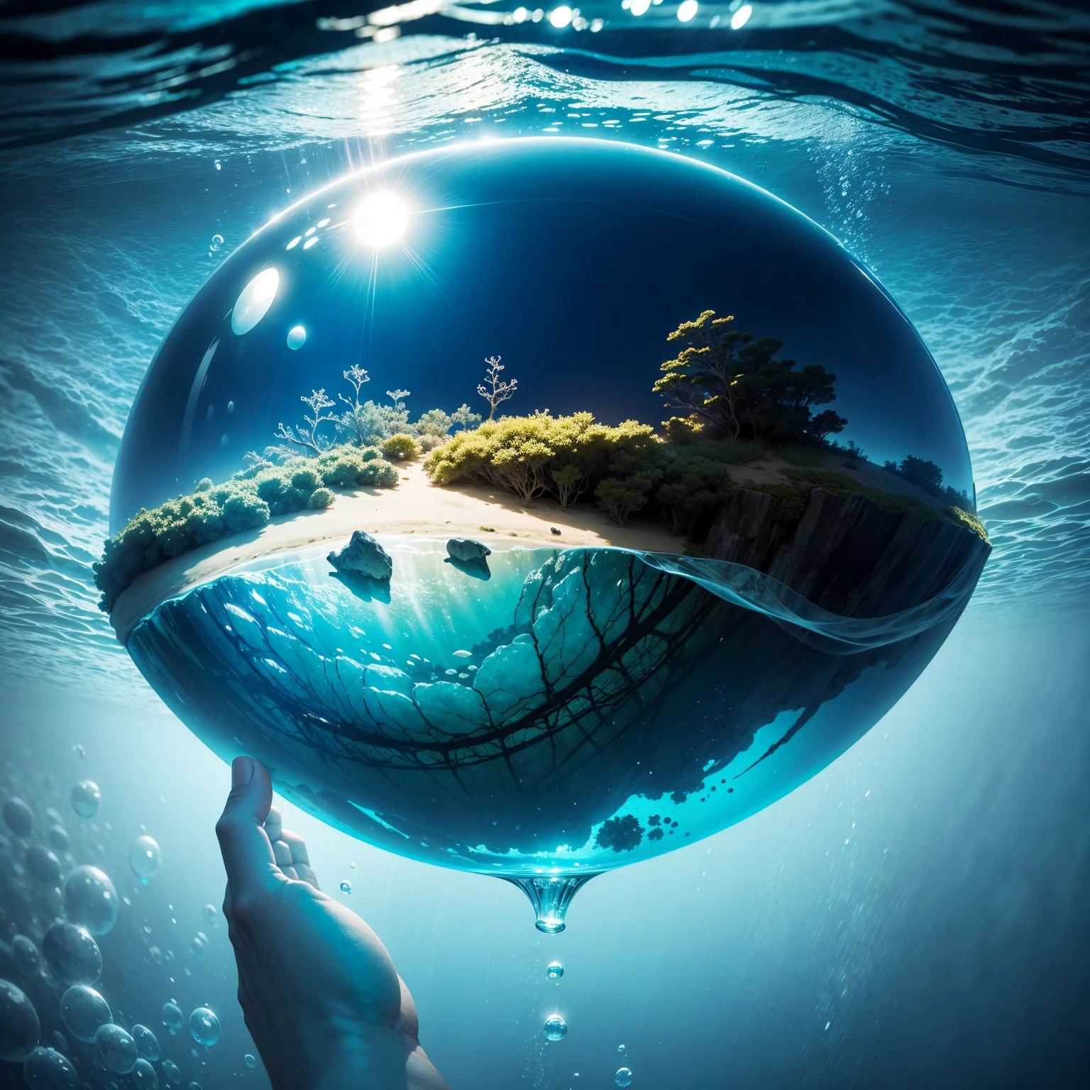 underwater world,vida marinha,Transparent fog,The hemispherical shape looks down from the sky,Fantastic,Artisticamente。fundo de areia da praia