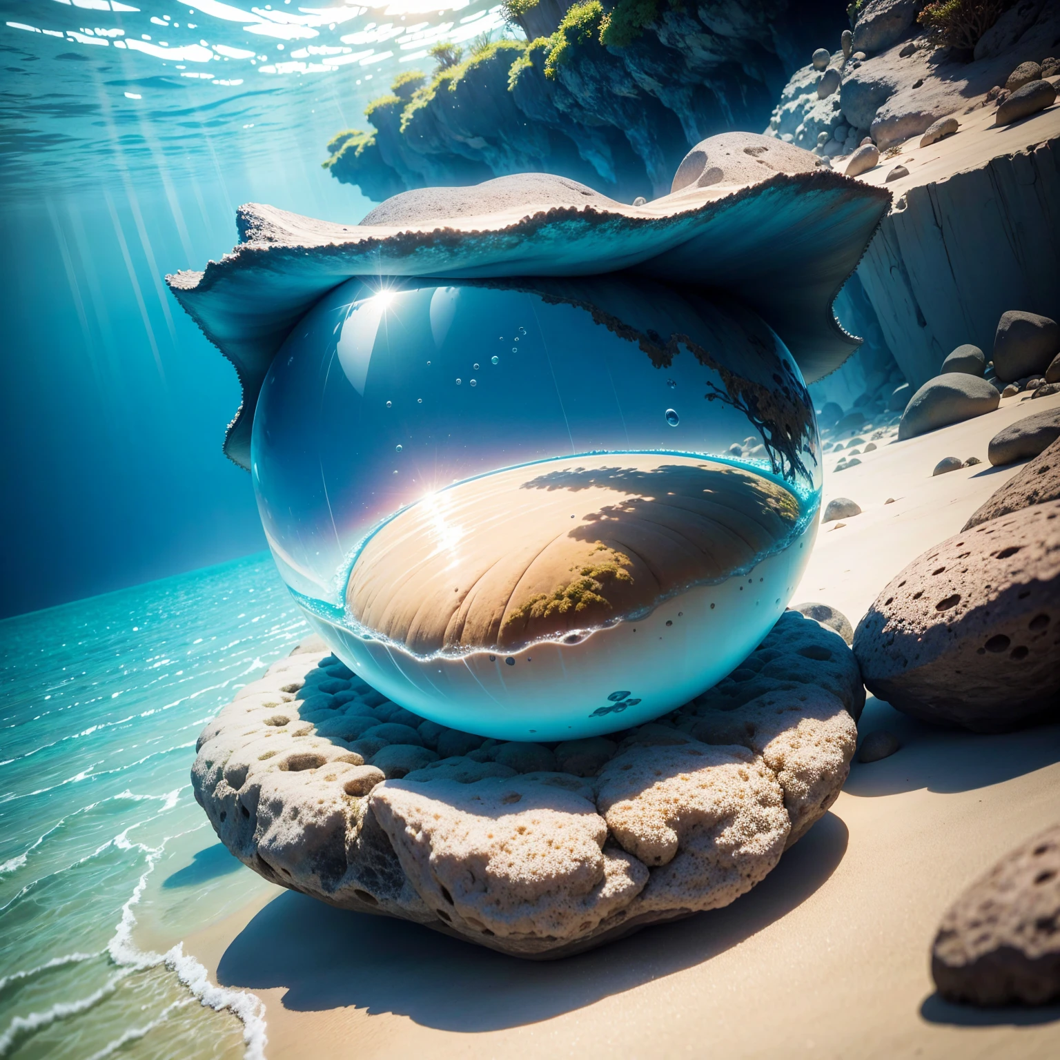 underwater world,vida marinha，Transparent fog，The hemispherical shape looks down from the sky，Fantastic，Artisticamente。fundo de areia da praia
