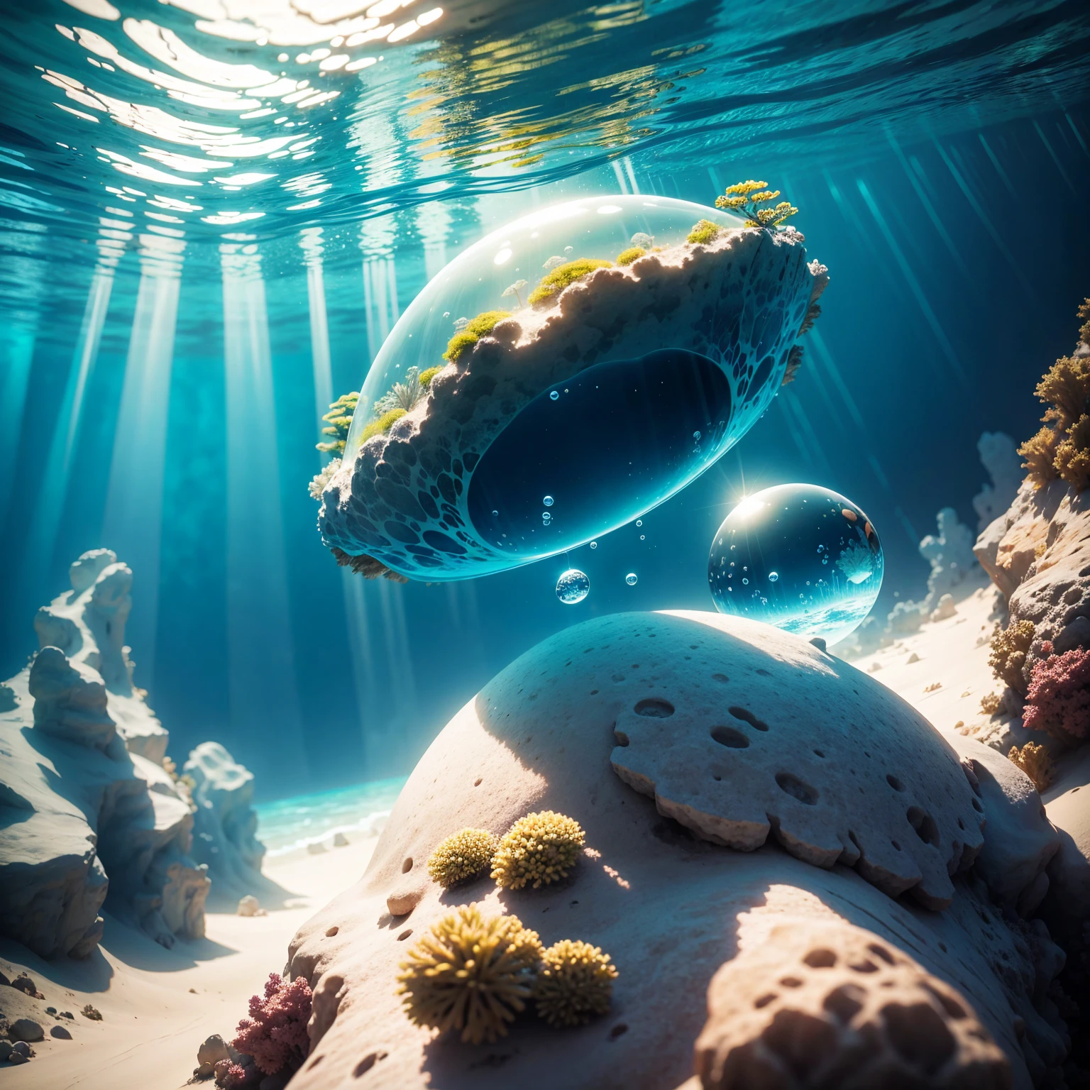underwater world,vida marinha,Transparent fog,The hemispherical shape looks down from the sky,Fantastic,Artisticamente。fundo de areia da praia