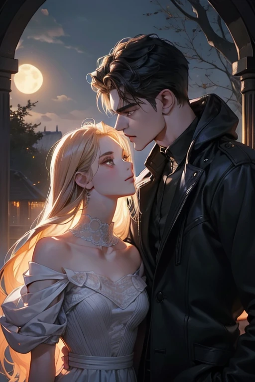 Teen Wolf, a male werewolf holding a beautiful girl under the exquisite features of a moonlit night. His chiseled jawline and piercing eyes were illuminated by the soft glow of the moon, casting intriguing chiaroscuro shadows on his perfectly sculpted face. With a smart look in his eyes, the werewolf lovingly gazed into the anime-inspired, hyperrealistic beauty of the girl's features. The scene radiated romance as they stood in the midst of a very romantic background. Every detail of their bodies and the surroundings were rendered with extreme care, displaying high detail and sharp focus. (Photo realistic: 1.2), (extremely
