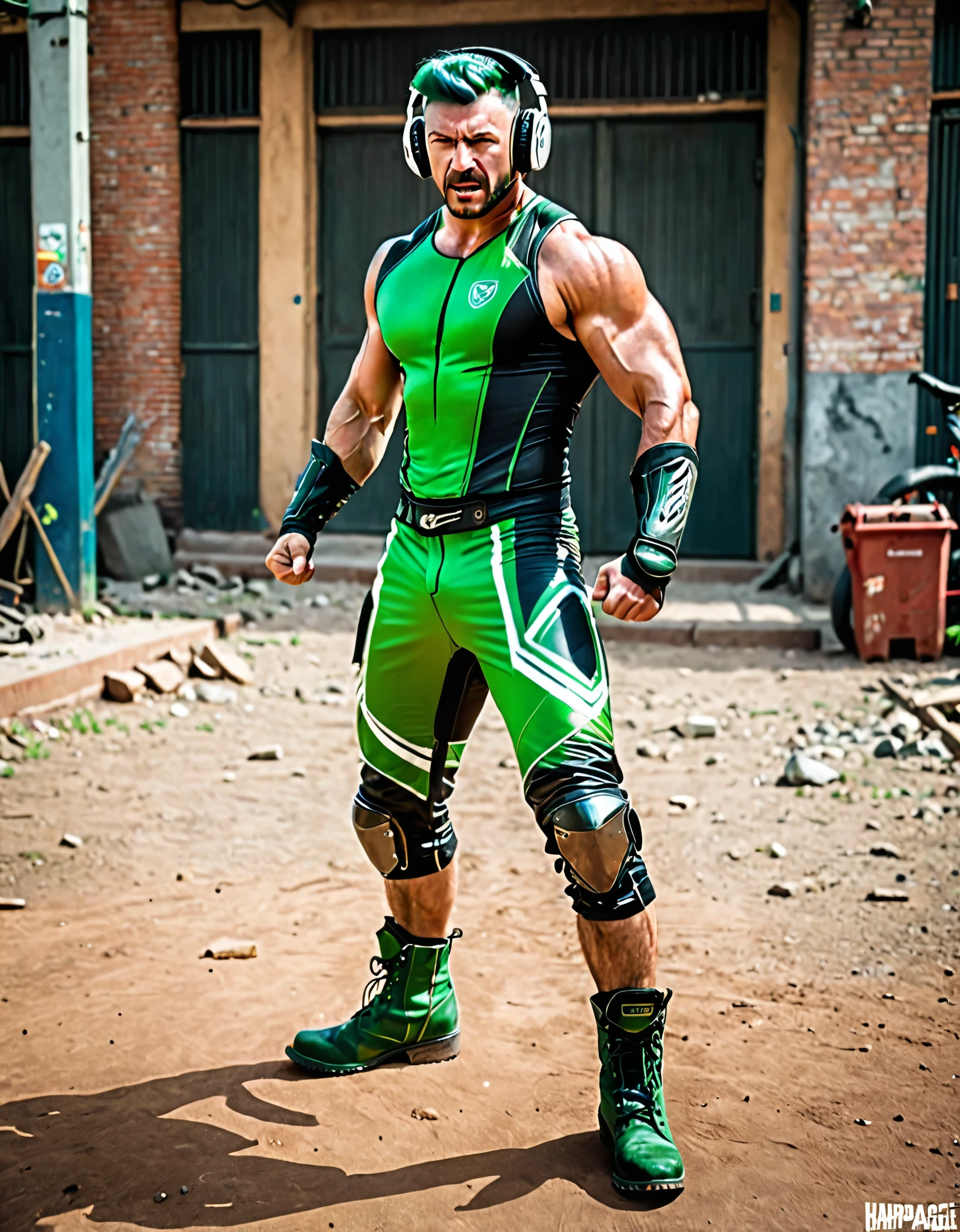 best quality, masterpiece, highres, 1man, early-thirties male, green hair, dark brown hair, crew cut, chest hair, full body, male focus, muscular, outstretched arms, clenched fists, perfect hands, pectorals, solo, wrestling outfit, green bike shorts, (headset, headphones, tactical radio), matching boots, Argentinian, ((metal skin, steel skin)), angry, full body with costume, cowboy shot, full body shot, rampaging towards the viewer