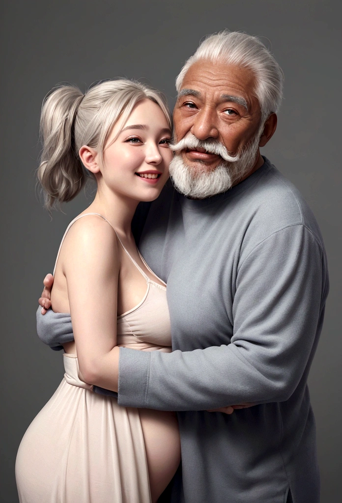 Skin-tight black top:1.2、look at the audience、cinematic lighting、perfection、Soft light、high-resolution skins:1.2、Realistic skin texture、 、very young and small face、no makeup、Beautiful detailed blue eyes、full nude、gray background、(highest quality: 1.5)、(16k wallpaper: 1.2), (Photorealistic: 1.2), (Highly detailed : 1.2), (old man of 80 years old, he is very old and ugly, little hair, gray hair, very wrinkled, with big mustaches and beard, the old man is 30 cm taller than her), (she is a and beautiful who only reaches the height of the old man's shoulders., (The oldest hugs her from behind, and talks to her ear), (Old man touching his lover, touching his genitals with his fingers), She touches the old man, She has the old man's crotch behind her body, She moves her ass, lifting her short and perfect nightgown, photograph, Masterpiece, very high quality, dark gray background, (She has blonde. hair, wears 2 short pigtails), ((enormous big breasts: 1.3)),((The young woman is wearing a transparent very short nightgown completely unbuttoned, revealing her large breasts and her belly :1.3),( She has no other clothing under the transparent nightgown ,revealing the nipples and other intimate details of details of the young woman, (She has a slim and youthful body,).(She is 8 months pregnant with a very huge belly, she is expecting triplets) The old man is hugging the young woman from behind and hugs her, he has a big smile on his face, the couple is happy, they both look at each other knowingly, she is much shorter. than him (the young woman is about 30 cm shorter than him, ). They have a big happy smile, (Ultra high definition, retina, Masterpiece, precise, anatomically correct, textured skin, super detail, High details, high quality, better quality, high resolution, 1080P, high definition, 4k, 8k, 16k) , (Beautiful detailed eyes, beautiful detailed lips, extremely detailed eyes and face), studio lighting, physically based rendering, vivid colors,