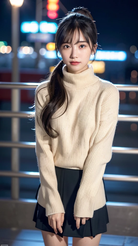 One Girl,(Full Body Shot:1.3),(RAW Photos, Highest quality), (Realistic, Realistic:1.4), (Very detailedなCG Unity, High resolution, Very delicate and beautiful), Very detailed, 8k wallpaper, wonderful, In detail, ,Very clear,美しくIn detail描かれた19歳の少女, (Beautiful Face:1.4), (Very detailedな目と顔:1.4), (Beautiful and detailed nose:1.4), ,smile、
Chesterfield coat, Turtleneck sweater、(skirt:1.2)、(My hair is messy, Asymmetrical bangs, Black Hair,ponytail:1.4),
Perfect Anatomy,Slender body,Large Breasts,
Cinema Lighting,City lights at night,Soft Light,