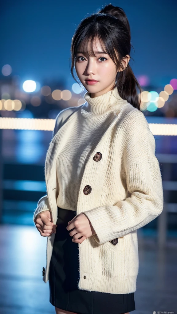 One Girl,(Full Body Shot:1.3),(RAW Photos, Highest quality), (Realistic, Realistic:1.4), (Very detailedなCG Unity, High resolution, Very delicate and beautiful), Very detailed, 8k wallpaper, wonderful, In detail, ,Very clear,美しくIn detail描かれた19歳の少女, (Beautiful Face:1.4), (Very detailedな目と顔:1.4), (Beautiful and detailed nose:1.4), ,smile、
Chesterfield coat, Turtleneck sweater、(skirt:1.2)、(My hair is messy, Asymmetrical bangs, Black Hair,ponytail：1.4),
Perfect Anatomy,Slender body,Large ,
Cinema Lighting,City lights at night,Soft Light, 