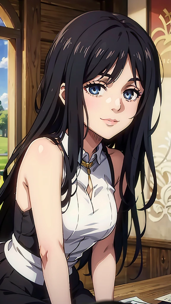 1girl,long hair,black dress,seductive smile,,medium breasts,absurdly long hair,sleeveless ,detailed eyes.