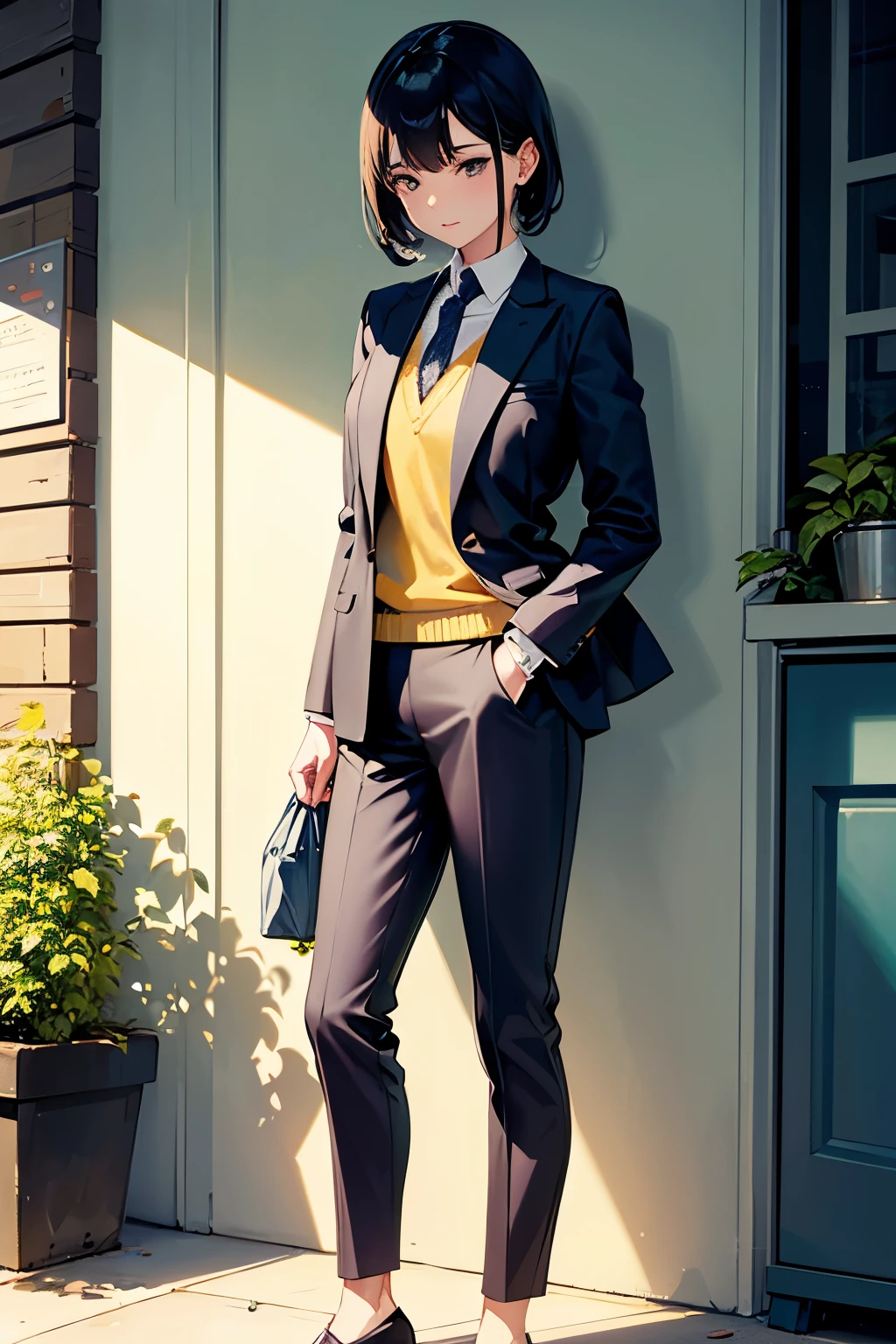 A woman in a suit is standing next to a lemon plant, cute:2, casual clothing style, mood, modern casual clothing, goose, h 7 0 4, casual modern clothing, pastel', 🐿🍸🍋, light, whole body, H576, trendy clothes, pastel 의류, When I look at the book, Wearing a fashion suit, block