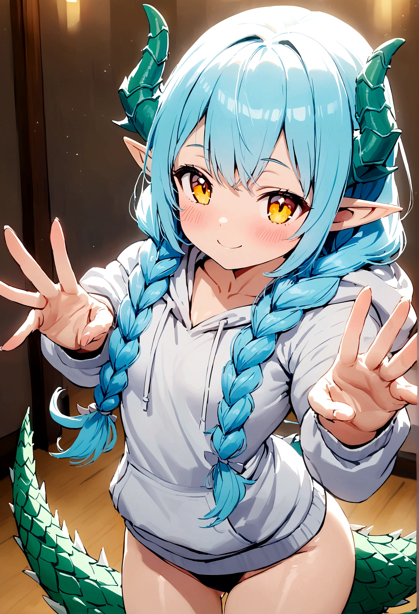 cute young girl, light blue hair, long hair, small braids hair, yellow eyes, dragon horn, dragon tail, elf ear, muscular body, small breast, sexy body, cute hoodie, cute pose, blushing, smile