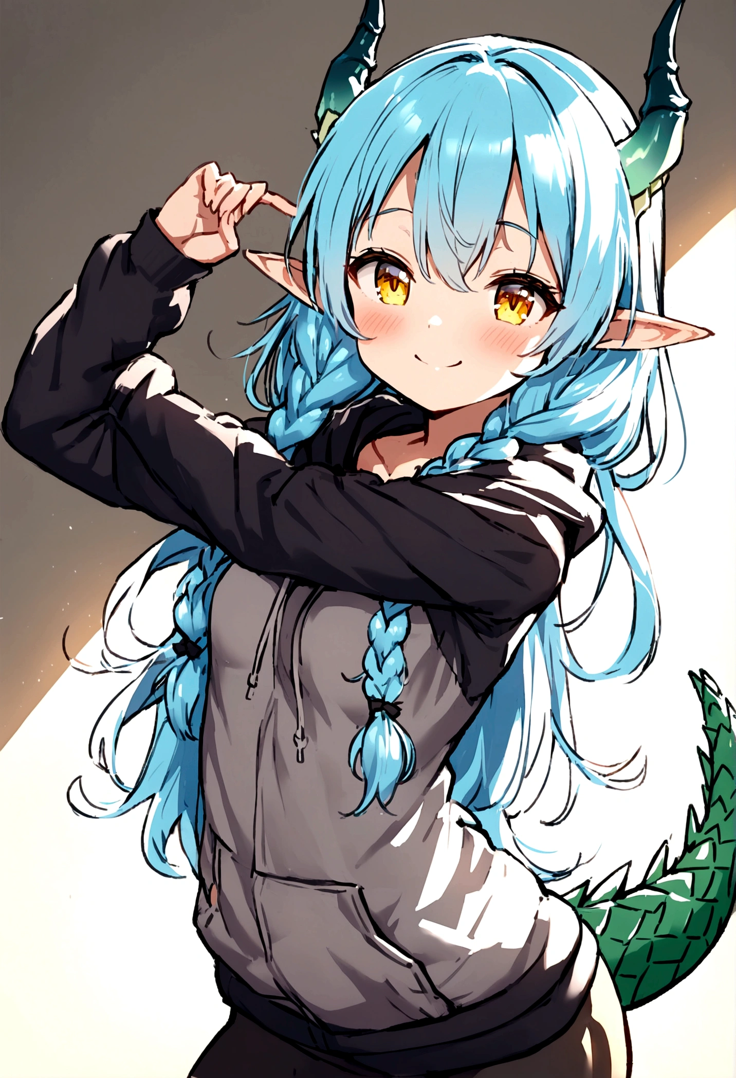 cute young girl, light blue hair, long hair, small braids hair, yellow eyes, dragon horn, dragon tail, elf ear, muscular body, small breast, sexy body, cute hoodie, cute pose, blushing, smile