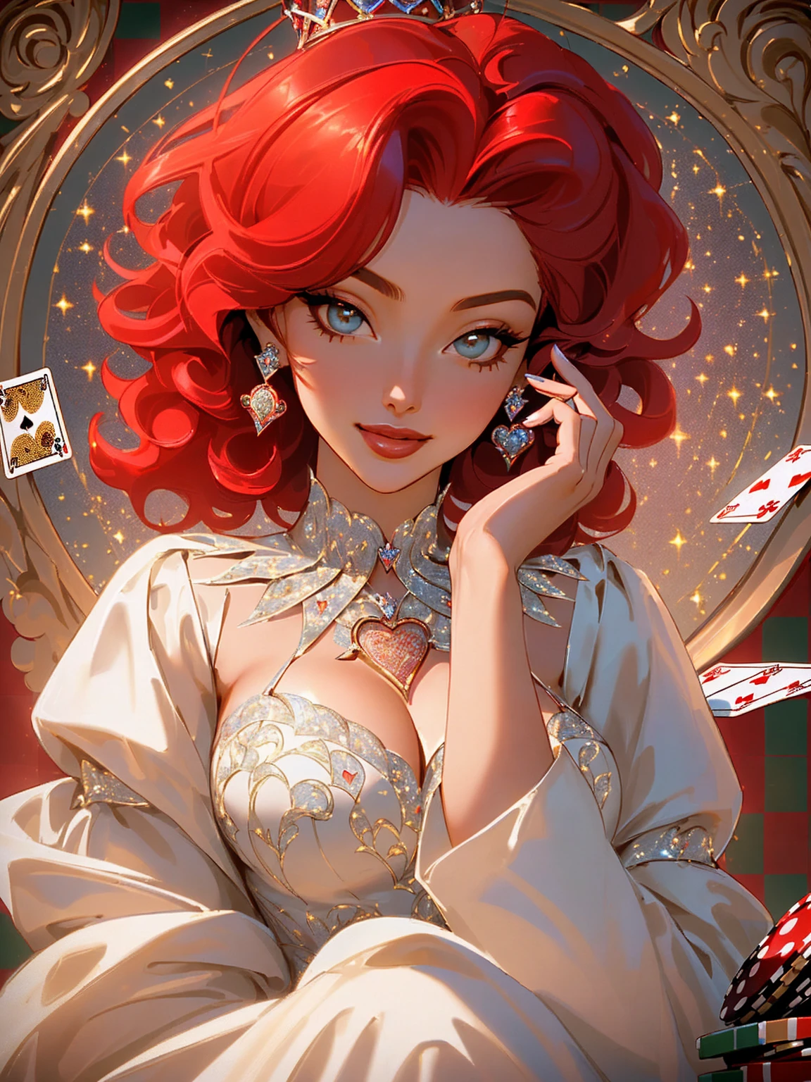 {-erro_de_anatomia:1.0} masterpiece, highest quality, (perfect face:1.1, (high detail)1.1, Em um luxuoso cassino, A stunning woman wears an exquisite dress adorned with heart symbols, embodying the royal presence of the Queen of Hearts. Surrounded by a backdrop of poker cards and chips, She exudes confidence and seduction, convidando os jogadores a testar sua sorte e habilidades no jogo de azar. short curly hair, cabelos vermelhos (red hair ) (queen of hearts), sorrindo, sorriso largo, upper body