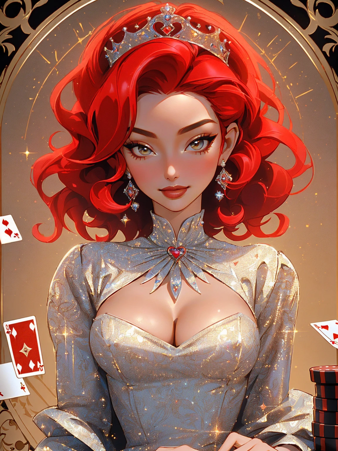 {-erro_de_anatomia:1.0} masterpiece, highest quality, (perfect face:1.1, (high detail)1.1, Em um luxuoso cassino, A stunning woman wears an exquisite dress adorned with heart symbols, embodying the royal presence of the Queen of Hearts. Surrounded by a backdrop of poker cards and chips, She exudes confidence and seduction, convidando os jogadores a testar sua sorte e habilidades no jogo de azar. short curly hair, cabelos vermelhos (red hair ) (queen of hearts), sorrindo, sorriso largo, upper body