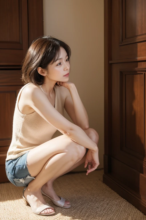 highest quality、masterpiece、High sensitivity、High resolution、50Mature woman of age、Skinny body、squat、