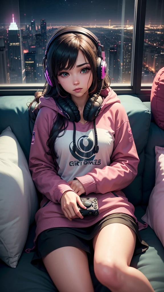 A gamer girl relaxing on the couch with a portable gaming device in her hands and headphones on, in your living room with a city skyline outside the window at night. Tenha cartazes de jogos na parede.