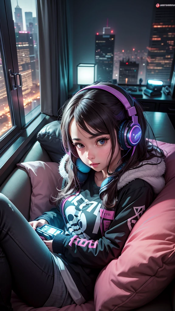 A gamer girl relaxing on the couch with a portable gaming device in her hands and headphones on, in your living room with a city skyline outside the window at night. Tenha cartazes de jogos na parede.