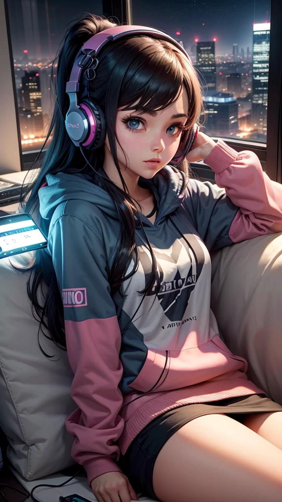 A gamer girl relaxing on the couch with a portable gaming device in her hands and headphones on, in your living room with a city skyline outside the window at night. Tenha cartazes de jogos na parede.