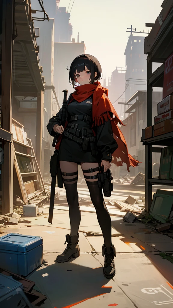 The image shows a night scene with a bright full moon in the sky. No centro, there is a young woman with short hair, castanho, e olhos grandes. She is dressed in military style clothes, including a tactical vest, uma mochila e uma arma pendurada no ombro. She also wears a red scarf around her neck.. A mulher segura um celular que ilumina seu rosto. The surrounding scenery appears to be a destroyed supermarket., with damaged shelves and products scattered on the floor. The atmosphere is that of a post-apocalyptic or war environment.