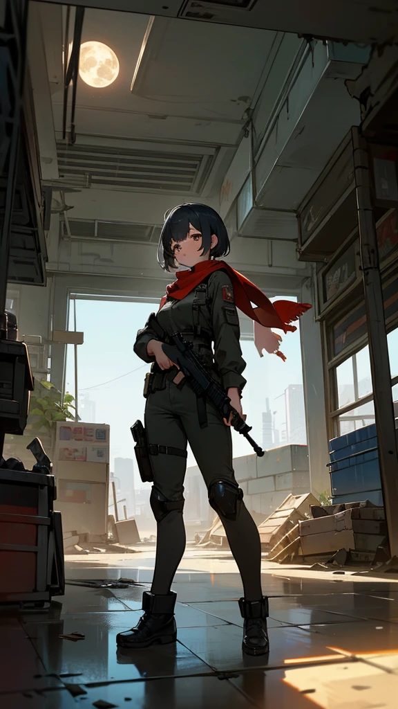 The image shows a night scene with a bright full moon in the sky. No centro, there is a young woman with short hair, castanho, e olhos grandes. She is dressed in military style clothes, including a tactical vest, uma mochila e uma arma pendurada no ombro. She also wears a red scarf around her neck.. A mulher segura um celular que ilumina seu rosto. The surrounding scenery appears to be a destroyed supermarket., with damaged shelves and products scattered on the floor. The atmosphere is that of a post-apocalyptic or war environment.