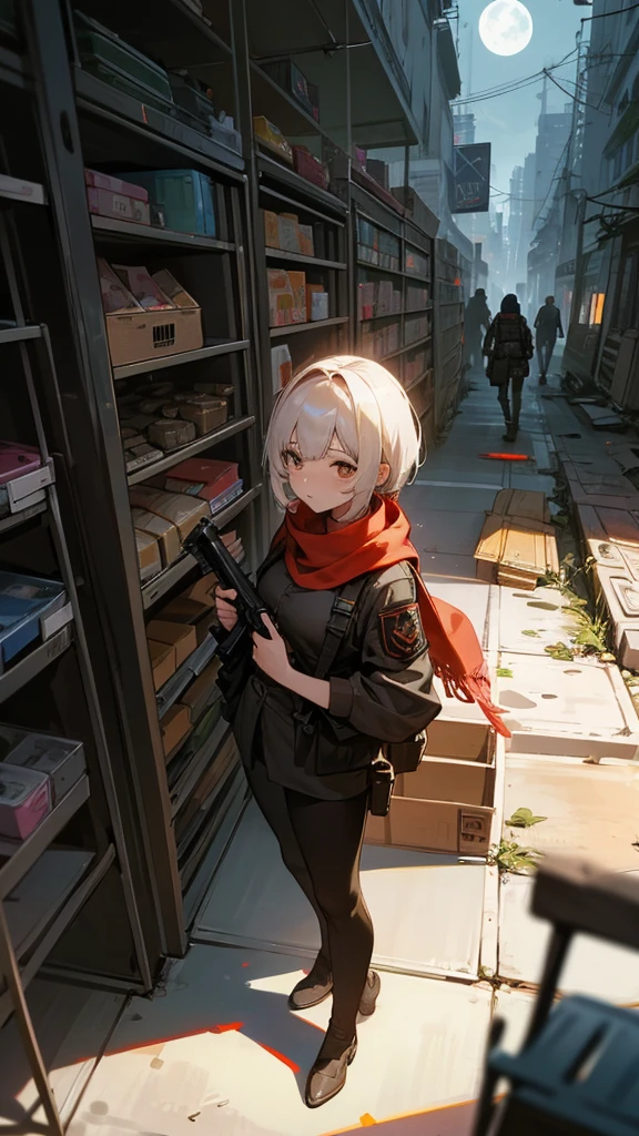 The image shows a night scene with a bright full moon in the sky. No centro, there is a young woman with short hair, castanho, e olhos grandes. She is dressed in military style clothes, including a tactical vest, uma mochila e uma arma pendurada no ombro. She also wears a red scarf around her neck.. A mulher segura um celular que ilumina seu rosto. The surrounding scenery appears to be a destroyed supermarket., with damaged shelves and products scattered on the floor. The atmosphere is that of a post-apocalyptic or war environment.