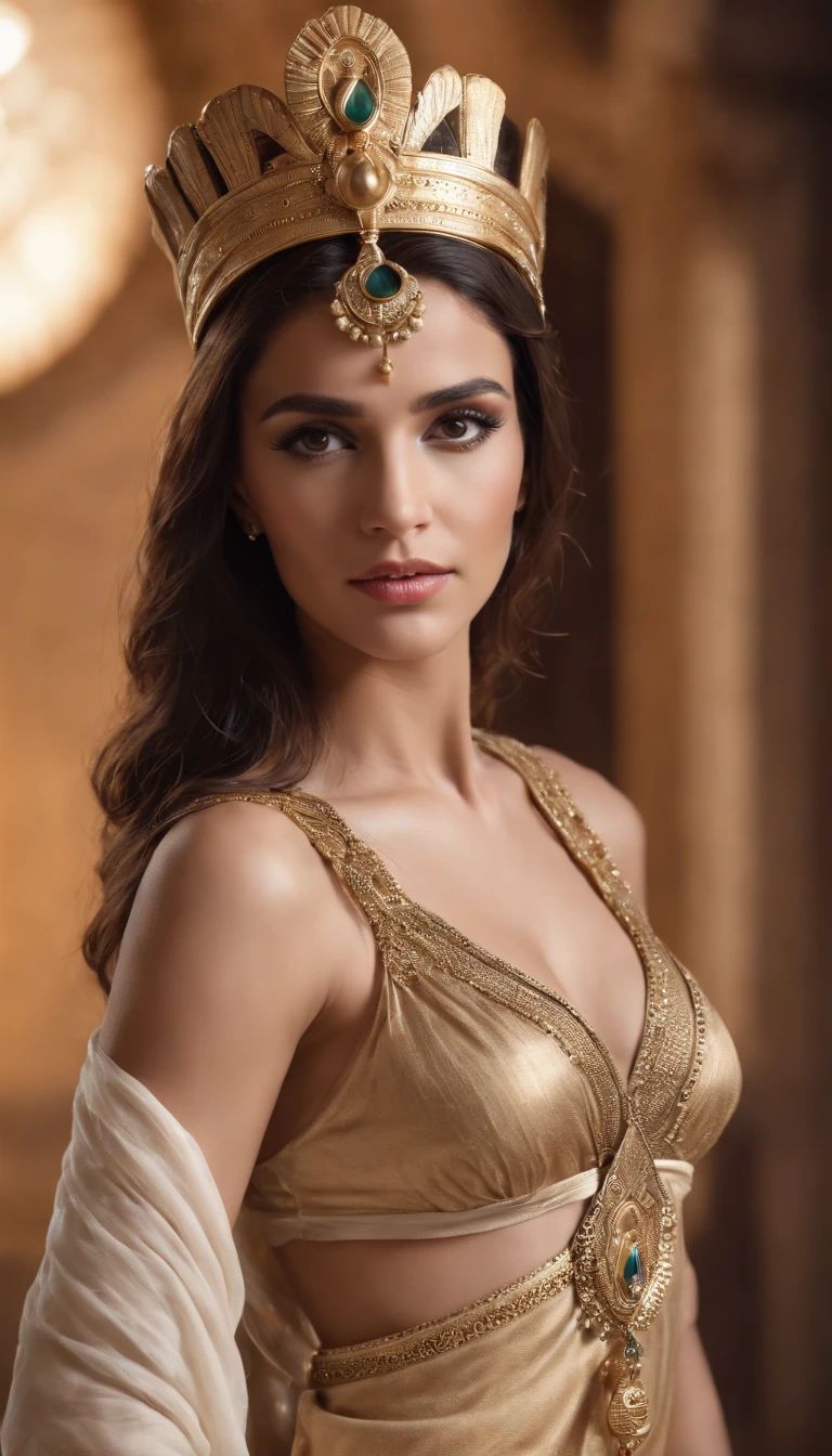 ((Best quality, 8k, Masterpiece :1.3)), ((cleopatra, beautiful cleopatra, egyptian princess, gorgeous woman, egyptian, gorgeous beautiful woman, perfect figure :1.2, Slender abs :1.2, tiny waist, (Dark brown hair, round breasts :1.1), wearing an egyptian crown, egyptian makeup,:1.3, very detailed clothes:1.2), sharp focus, (award-winning photograph:1.2),