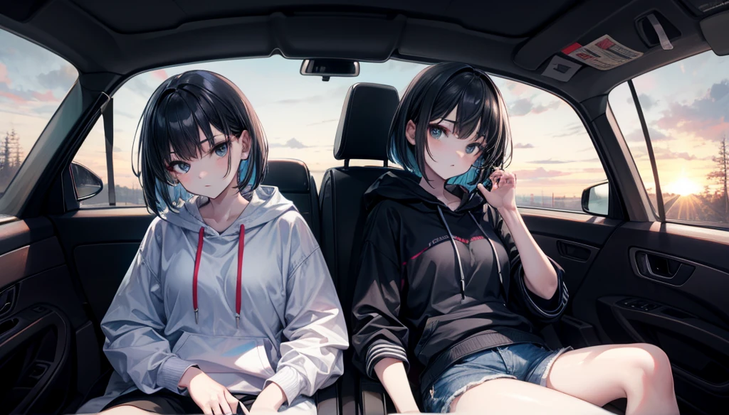 masterpiece, best quality, high quality, detailed, ultra detailed, hyper detailed, insanely detailed, exquisite, beautiful, FHD, Full-HD, 4K, 8K, 16K, highres, absurdres, background, a girl, intelligent, serious look, sitting, bob, short hair, black hair, black eyes, pale skin, , shorts, hoodie, in the car, with a window, in the evening, beautiful, cowboy shot, golden hour,