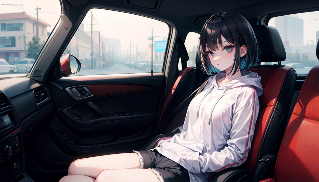 masterpiece, best quality, high quality, detailed, ultra detailed, hyper detailed, insanely detailed, exquisite, beautiful, FHD, Full-HD, 4K, 8K, 16K, highres, absurdres, background, a girl, intelligent, serious look, sitting, bob, short hair, black hair, black eyes, pale skin, , shorts, hoodie, in the car, with a window, in the evening, beautiful, cowboy shot, golden hour,