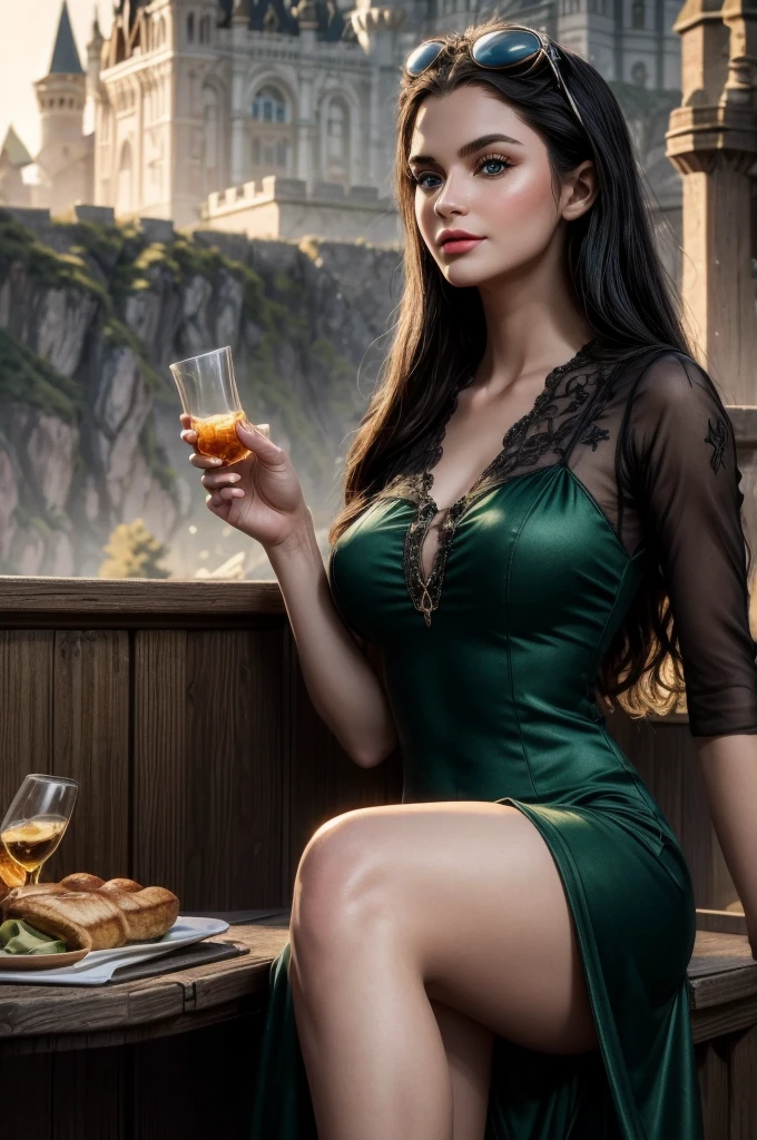 masterpiece, best quality, extremely detailed, hyperrealistic:1.1, photorealistic, a beautiful 20s russian model, ultra detailed face:1.1, sunglasses on head:1.1, dark green dress, black hair, castle, in the night:1.1, tongue out, toasting