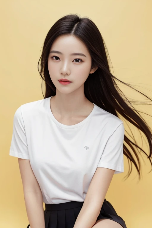 a detailed and realistic portrait of a gorgeous 18-year-old Asian girl with clean, flawless skin, detailed face, round eyes with long lashes, and flowing black hair, staring directly at the camera with a serene expression, dramatic lighting for a magical, photorealistic effect, ultra-detailed and of the highest quality, with a centered image composition, f/1.8 aperture and 85mm lens, wearing a high , white shirt, pleated mini-skirt, sneakers , with bows, a simple yellow background, ample round bosom