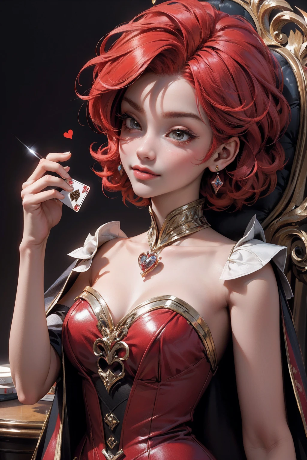 Em um luxuoso cassino, A stunning woman wears an exquisite dress adorned with heart symbols, embodying the royal presence of the Queen of Hearts. Surrounded by a backdrop of poker cards and chips, She exudes confidence and seduction, convidando os jogadores a testar sua sorte e habilidades no jogo de azar. short curly hair, cabelos vermelhos (red hair ) (queen of hearts), backwards, looking back, sorrindo, sorriso largo, upper body