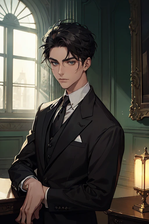 ((One young man with a black suit and tie)), alejandro, (((one side swept dark short neat hair))), ( green eyes and thick eyebrows), ((20 years old)), ((masterpiece)), ((cinematic lighting)), relax look and smirk, waiting for someone