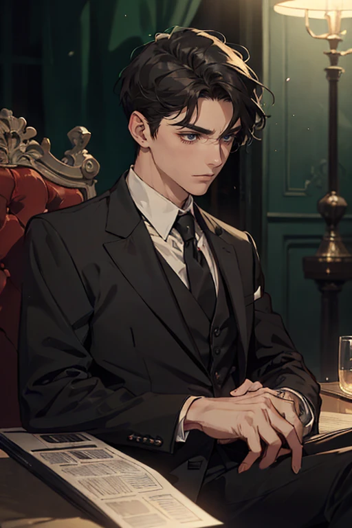 ((One young man with a black suit and tie)), alejandro, (((one side swept dark short neat hair))), ( green eyes and thick eyebrows), ((20 years old)), ((masterpiece)), ((cinematic lighting)), relax look and smirk, waiting for someone