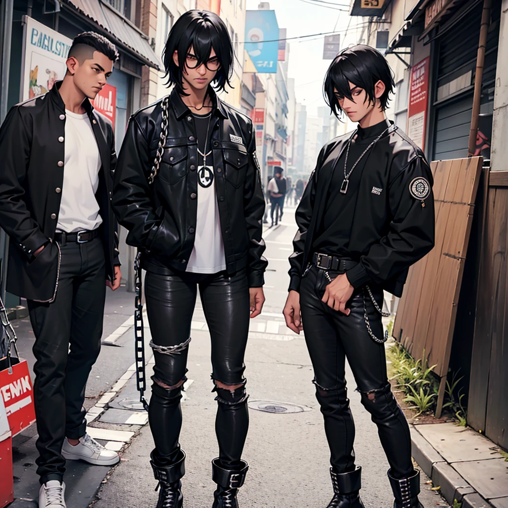 un hombre alto, con cabello largo, ????? y ondulado, se viste con una chamarra de cuero desabotonada con un camisa de ramones, He also has black pants, A black belt, a Slayer wallet tied with a chain and finally, lleva unas botas negras