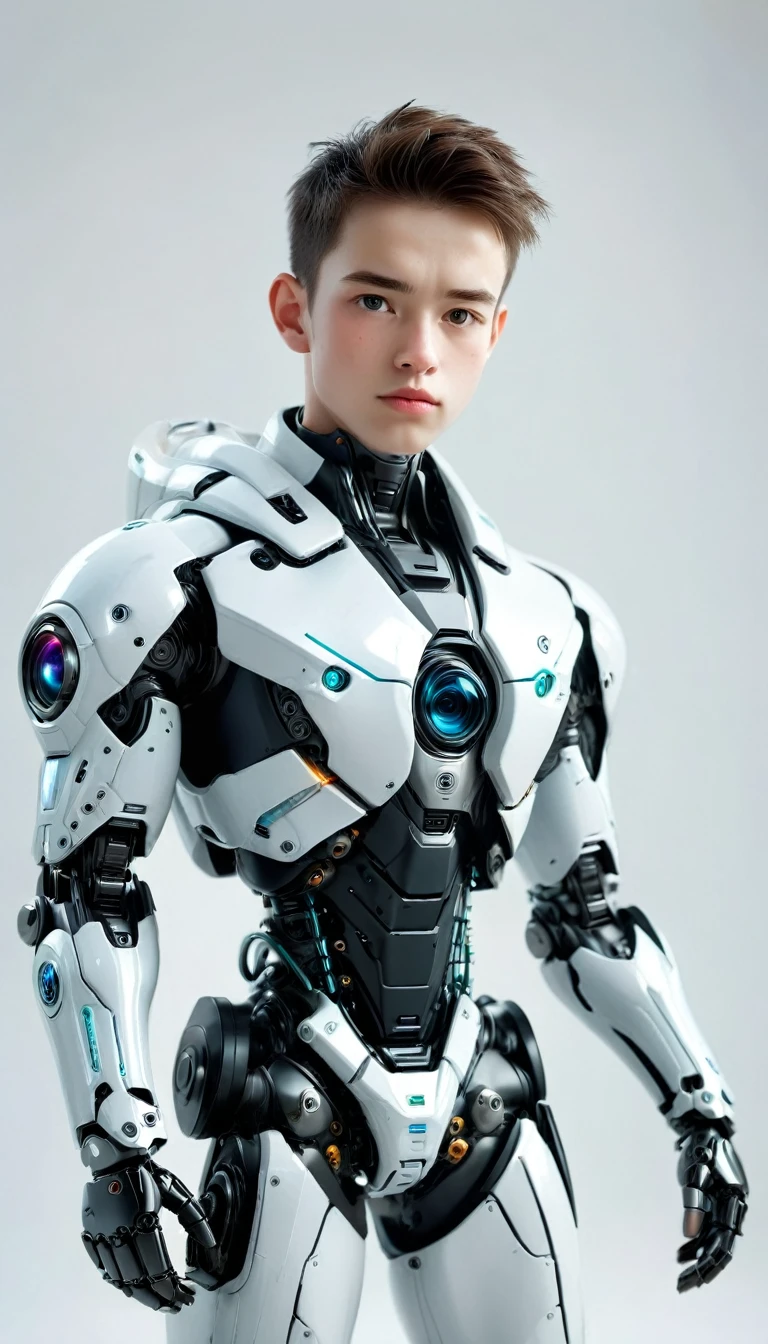 A cute, small male A.I robot poses to let someone in, his body facing the camera. full body appearance, plain white background, realistic, futuristic