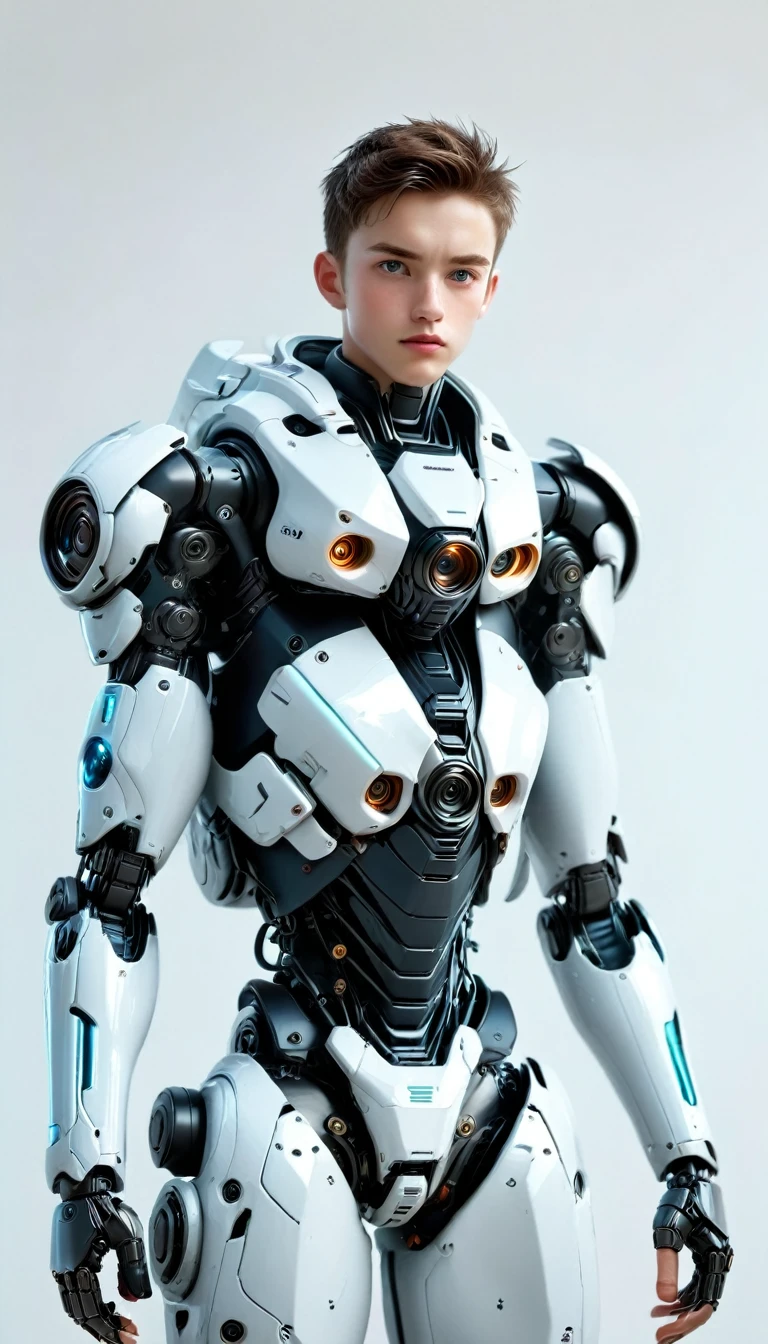 A cute, small male A.I robot poses to let someone in, his body facing the camera. full body appearance, plain white background, realistic, futuristic