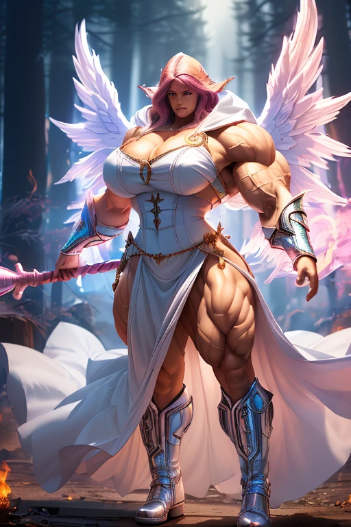 ((((Massive, tall, beautiful, buff, muscular brown skinned woman mage with shocking pink hair, huge angel wings, ginormous bulky muscles, holding a fire mage staff and wearing a beautiful hooded white enchanted robe with long long skirt)))), (close view), vascular, massive muscle, massive biceps, hyper muscle shoulders, hyper muscle triceps, (angled bob cut), red eyes, (wearing a long extremely intricate robes, long magical robes), (white mage boots), smirk, white gauntlets, (in a dark Mystical forest), evening, Vascular arms, hyper vascular arm, hyper muscles arms, hyper muscle legs, massive arms.